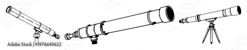 Telescope set with hand-drawn line art of an extended antique brass telescope featuring line art, antique, brass with optics and design