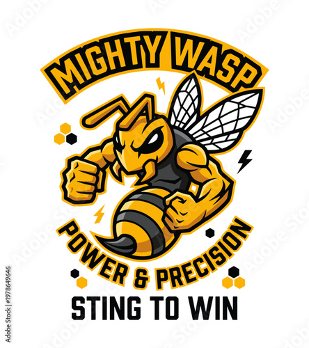 Aggressive cartoon wasp character flexing its powerful muscles and showing off its wings with motivational text slogans representing power and precision 