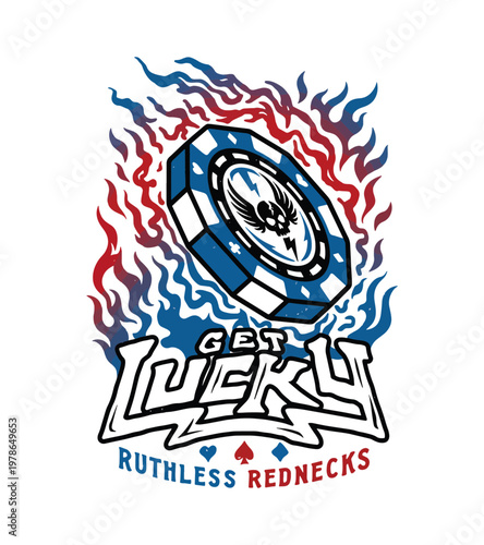 Aggressive casino gambling chip design with flames and skull emblem for a bold and exciting concept vintage retro t shirt design