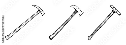 Wooden-handle hatchet set with sketchy line art design featuring vintage, wooden handle, hammering tool, black and white illustration with forestry and carpentry