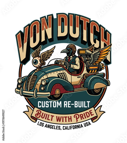 Creative anthropomorphic crow wearing a helmet drives a vintage custom rebuilt car with winged eye emblem vintage retro t shirt design