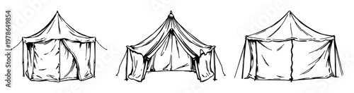 Canvas tent set with rough hand-inked art featuring old canvas tent, guy lines, white background with line art illustration and texture