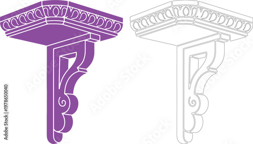 Purple and outline carved wooden shelf bracket edge