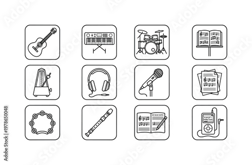 A personal music hobby setup featuring a guitar, keyboard, drum set, sheet music, metronome, headphones, microphone, music stand,