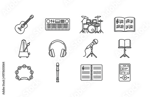 A creative music hobby composition featuring a guitar, keyboard, drum set, sheet music, metronome, headphones, microphone, music