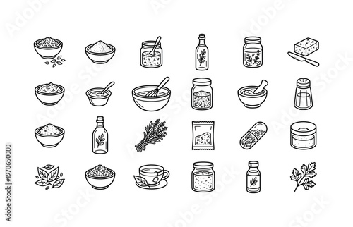 Spice herb products and seasonings with dried herbs, powders, oils, sauces and culinary ingredients clean monoline outline icon