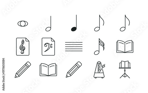 A home music learning setup with a treble clef sheet, bass clef sheet, music staff, whole note, half note, quarter note, eighth