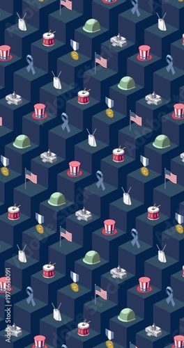 Vertical Colorful veteran's day and memorial day isometric loop animation on dark blue geometric background