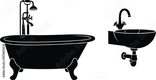 Black silhouette clawfoot bathtub with showerhead and wall‑mounted sink for minimalist bathroom vector design projects