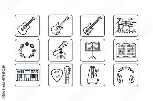 A musical instruments setup featuring an acoustic guitar, electric guitar, bass guitar, drum set, tambourine, microphone, music