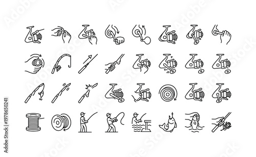 Spinning reel usage with casting retrieving reeling drag control and angling actions clean monoline outline icon set showing