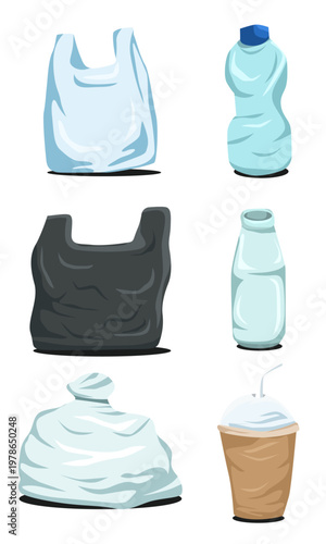 Set of Plastic Waste Illustrations: Bottles, Bags, and Disposable Cups for Environmental Awareness