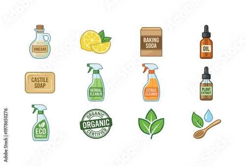 Natural cleaning ingredients with vinegar jar, lemon slices, baking soda container, essential oil bottle, castile soap, herbal