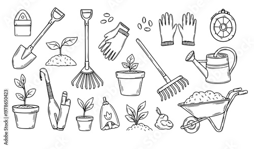 Garden tools doodle hand drawn gardening vector set