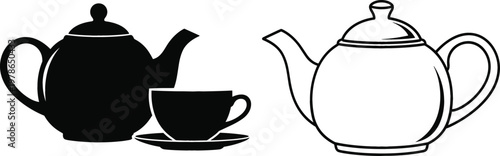 Black and white teapot and teacup silhouettes with outlined design for kitchen and decorative vector illustration projects
