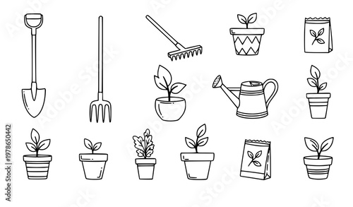 Gardening doodle icons hand drawn tools vector collection