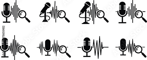 Microphone and sound wave analysis icons a collection of black silhouette designs for audio engineering and recording