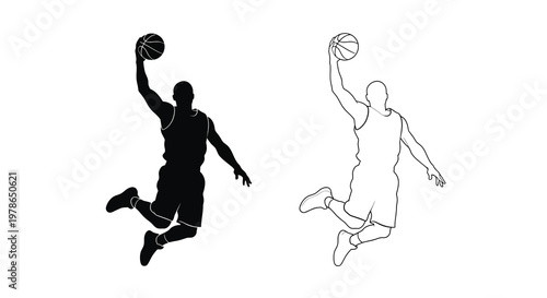 Two basketball players in action depicted as silhouettes and line drawings