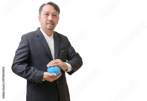 Businessman Holding Earth Globe Symbolizing Global Leadership and Sustainability