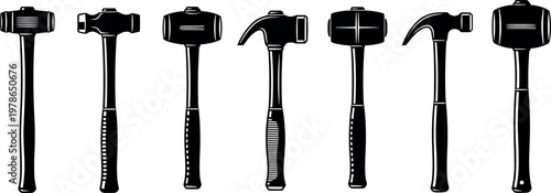 Set of hammer tool silhouettes isolated on white background including claw hammer and sledgehammer construction icons