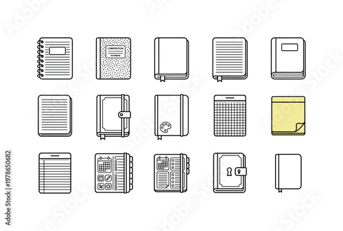 A study desk composition featuring a spiral notebook, composition notebook, hardcover notebook, softcover notebook, journal,