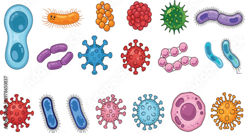 Comprehensive Microorganism and Virus Icon Set Featuring Diverse Bacteria Strains, Pathogens, and Biological Cells for Medical Research Science Education and Healthcare Digital Media Design