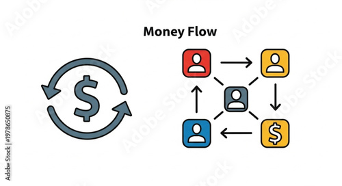Money flow concept diagram icons showing currency transfer network.