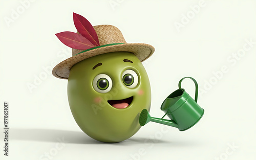 Cheerful avocado character with hat and watering can