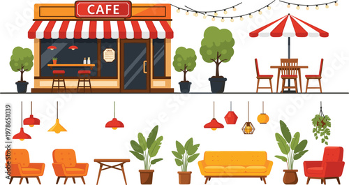 Cafe Exterior and Interior Furniture Illustration Set with Outdoor Seating, Cozy Sofa, Chairs, Lighting, and Modern Coffee Shop Elements