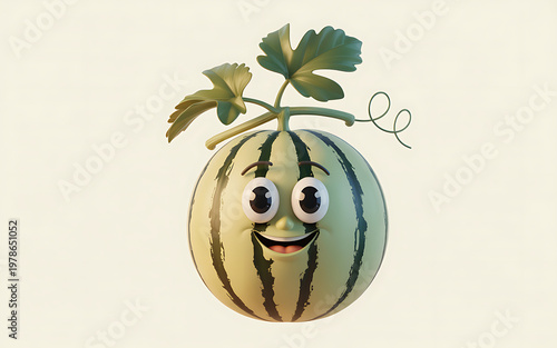 Charming cartoon watermelon with a face and green vine on a beige background