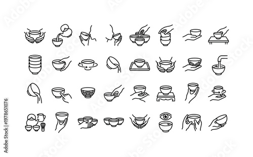 Tea bowl usage with holding, serving, pouring, drinking, arranging, stacking, and presenting tea clean monoline outline icon set