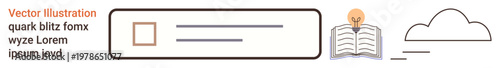 Online learning, information search, cloud storage, creativity, digital library, data exchange. Search bar with book, lightbulb and cloud icons. Online learning and information search concept