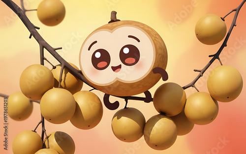 Adorable animated apricot character hanging from a branch with friends