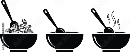 Black silhouettes of bowls with spoons showing noodles, soup and steaming hot food for culinary vector design projects