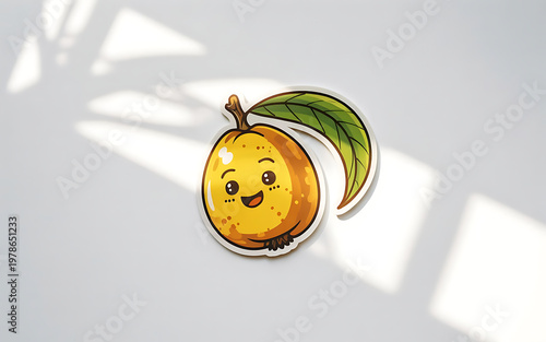Smiling mango illustration with green stem and leaf on white surface