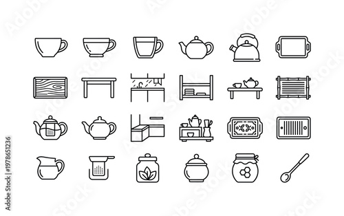 Tea infuser environments with cups, teapots, kettles, serving trays, tea tables, and kitchen counters clean monoline outline icon