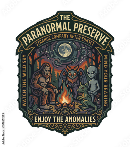 Mythical creatures including Bigfoot an owllike being an alien and a lizard gather around a campfire under a starry night sky vintage retro t shirt design