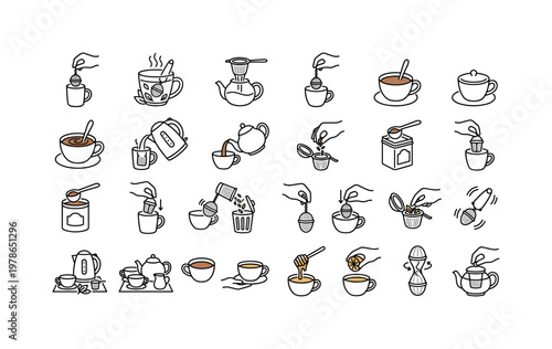 Tea infuser usage with steeping, straining, pouring, infusing, removing, stirring, and preparing tea clean monoline outline icon