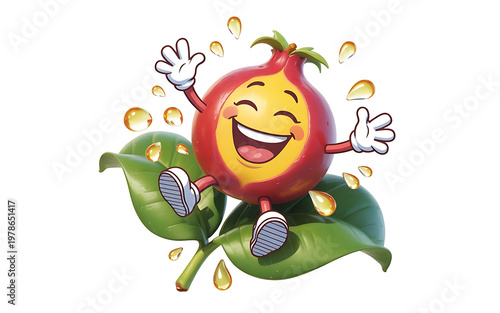 Joyful passion fruit character with a smiling face and waving hand
