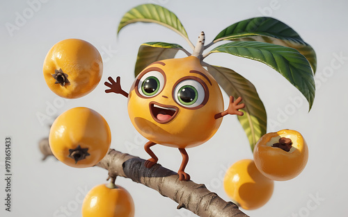 Cartoon sapodilla fruits with faces and arms on a branch
