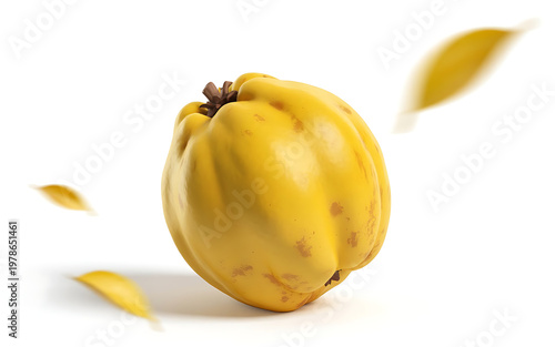 Fresh quince fruit with falling leaves a still life composition