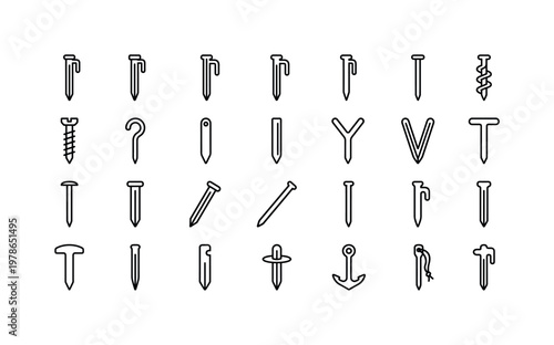 Tent stakes with metal pegs, plastic pegs, spiral stakes, hook top stakes and camping ground anchors clean monoline outline icon