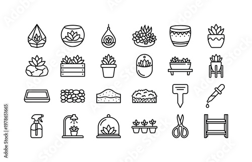 Succulent decor and products with terrariums arrangements decorative pots and botanical display items clean monoline outline icon