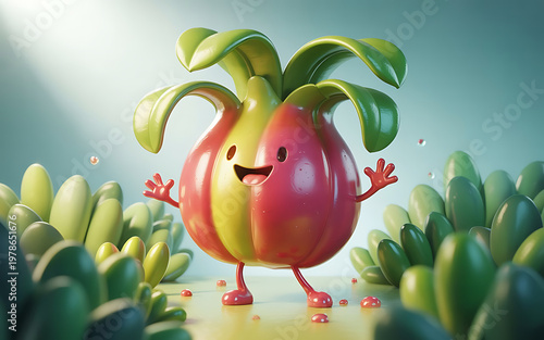 Cheerful anthropomorphic pomegranate character in a whimsical garden scene