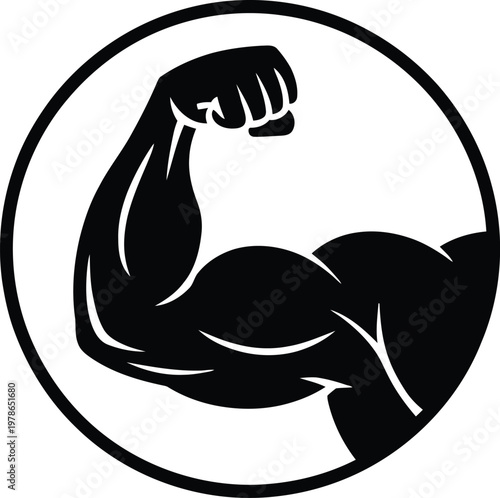 Black silhouette of a muscular arm flexing its bicep in a circle