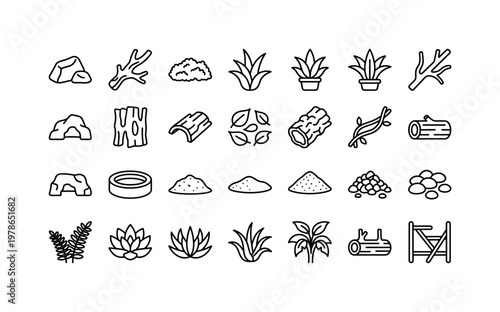 Terrarium decor with rocks, driftwood, moss, plants, caves, and aquatic decorations for reptiles, amphibians, and terrarium setups