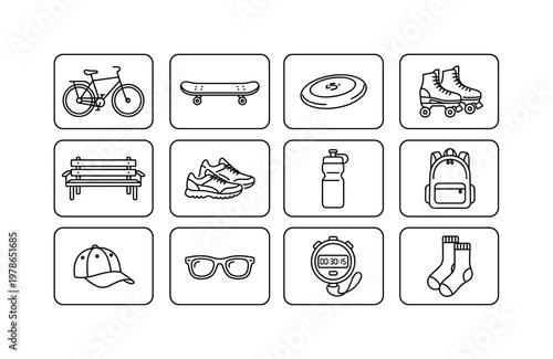 A gentle outdoor exercise setup featuring a bicycle, skateboard, frisbee, roller skates, park bench, running shoes, water bottle,