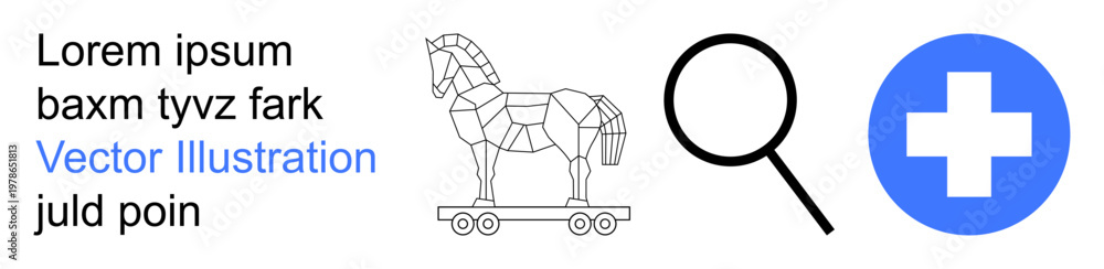 Fototapeta premium Cybersecurity, data protection, online threats, digital analysis, healthcare security, fraud detection. Trojan horse, magnifying glass medical cross. Cybersecurity and healthcare security concepts