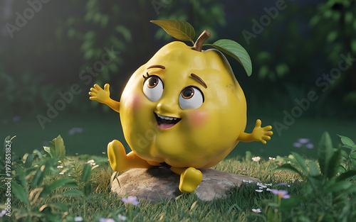Joyful animated mango character waving with a cheerful expression