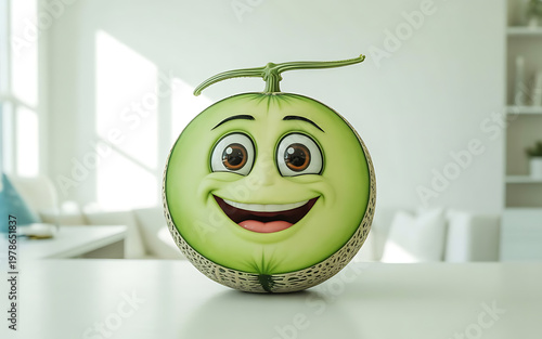 Smiling honeydew melon with a face a playful and whimsical fruit character